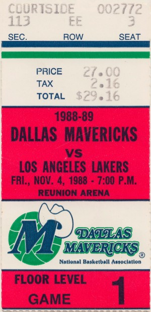 1988 Dallas Mavericks vs. Los Angeles Lakers NBA Basketball Ticket Stub Art Reunion Arena Dallas TX